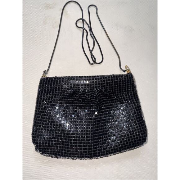 Vintage 1980s Style Black Sequin Metal Mesh Gold Accents Evening Bag - Picture 2 of 5